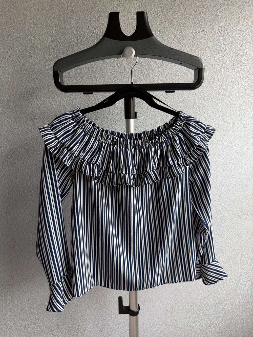 H&M  Navy & White Striped Ruffle Off-Shoulder Top